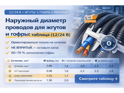 Наружный диаметр проводов для жгутов и гофры: таблица (12/24 В)