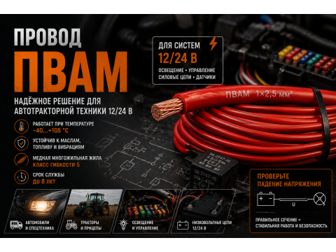 Провод ПВАМ: характеристики и применение в автотракторной технике 12/24 В