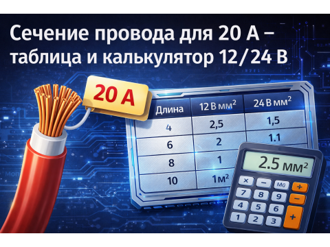 Сечение провода для 20 ампер: таблица и расчет для 12 и 24 В